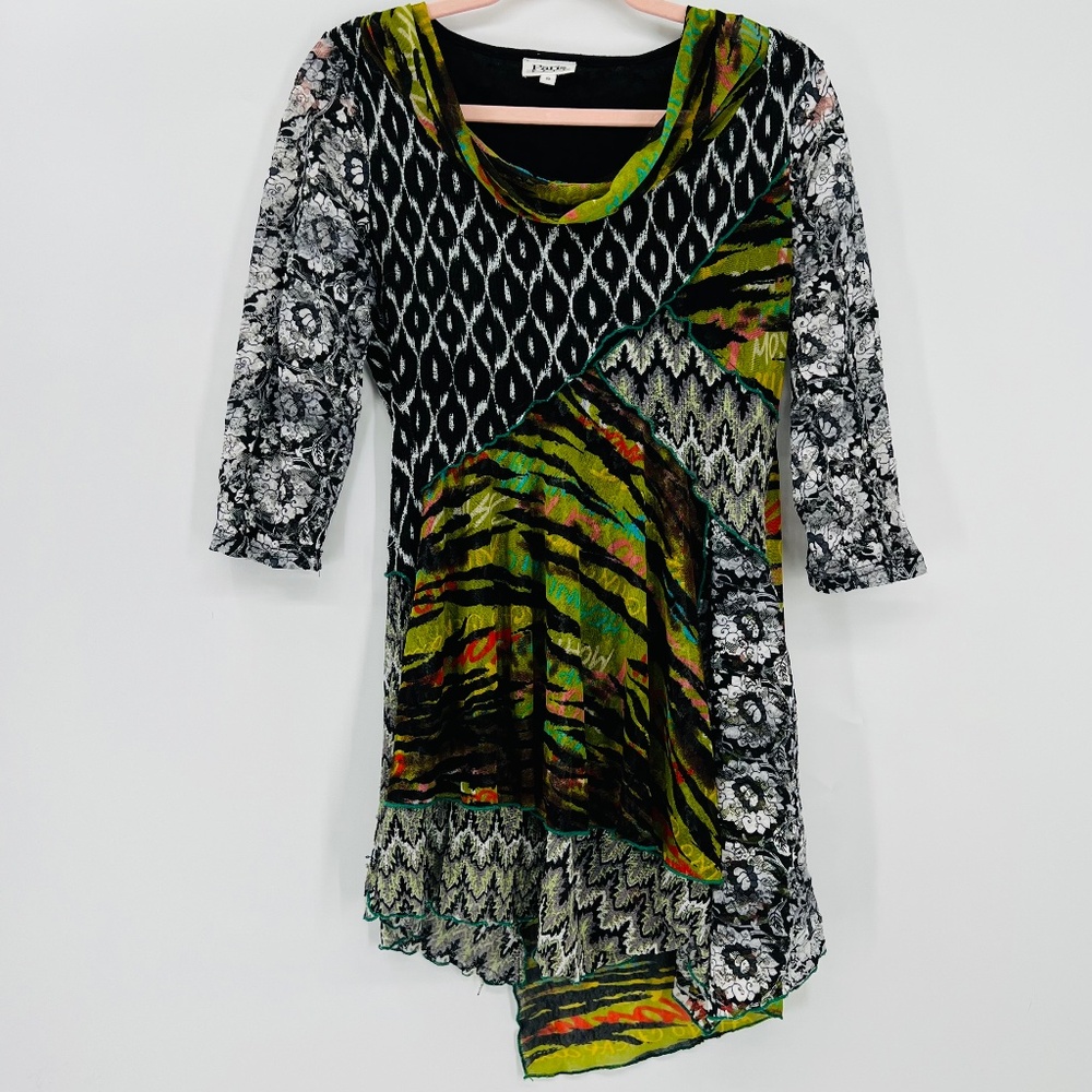 Paris Hues Asymmetric Gauzy Patchwork Cowl Neck Mini Dress S Forest Fairy Grunge